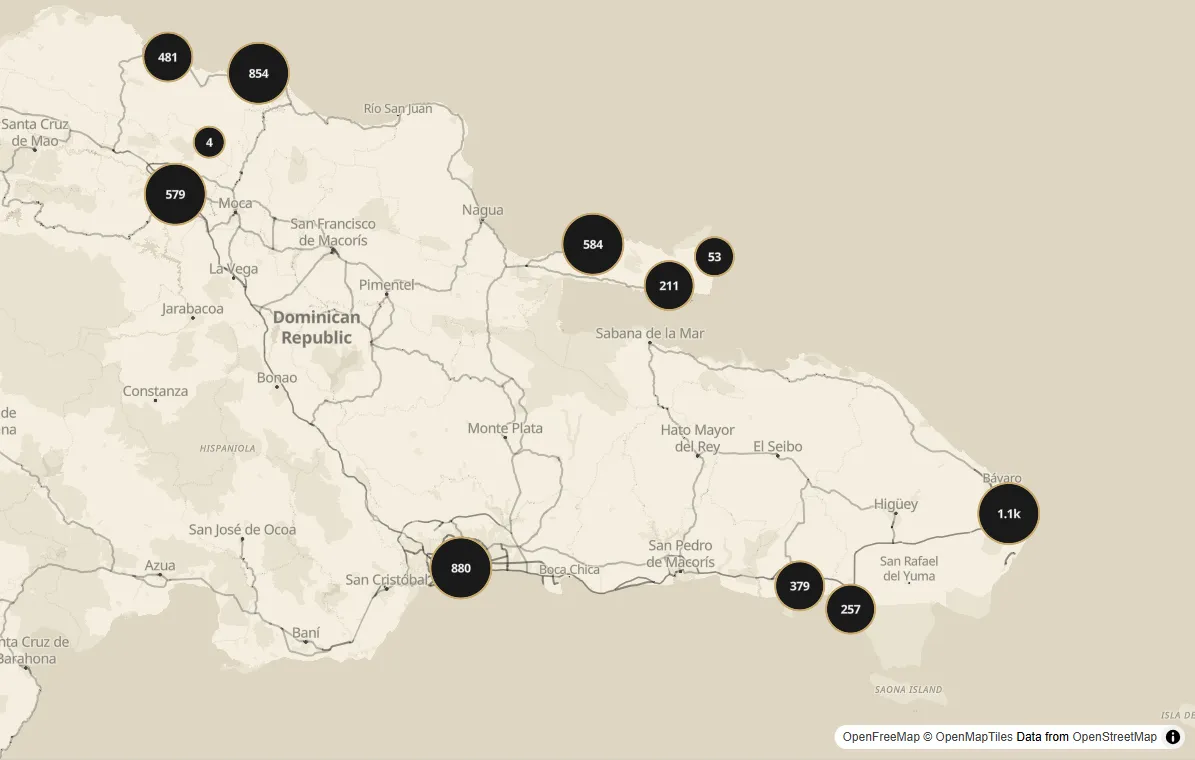 The explore map: listings grouped by town across the Dominican Republic